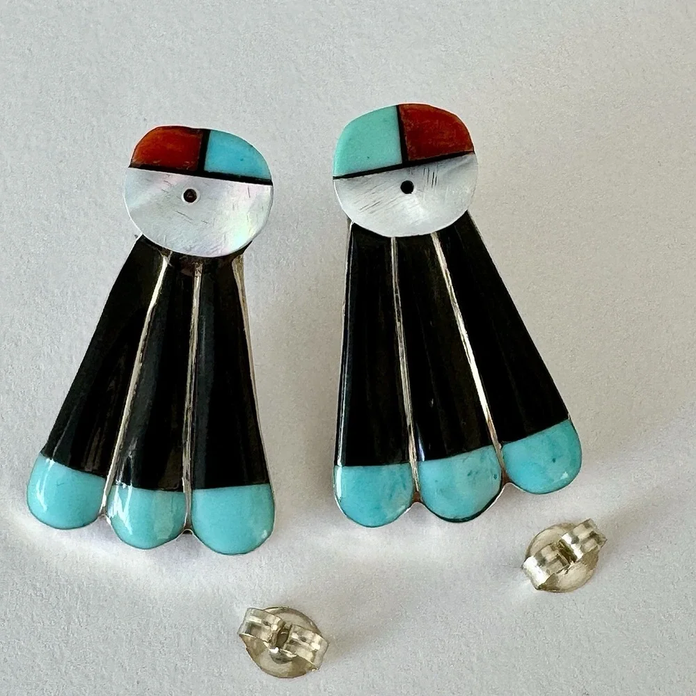 Zuni Sunface Stud Earrings Turquoise Post Inlay 1
